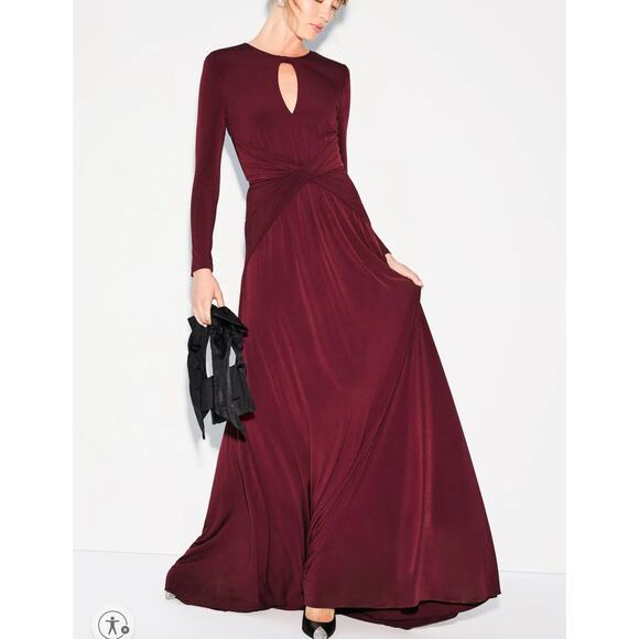 Nissa Red Long Sleeve Jersey Gown Size 2 Formal Flattering A-line Designer  $600